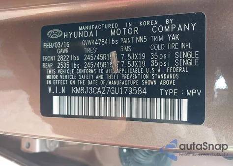 2016 Hyundai Tucson Limited z USA, uszkodzony, nr VIN KM8J3CA27GU179584